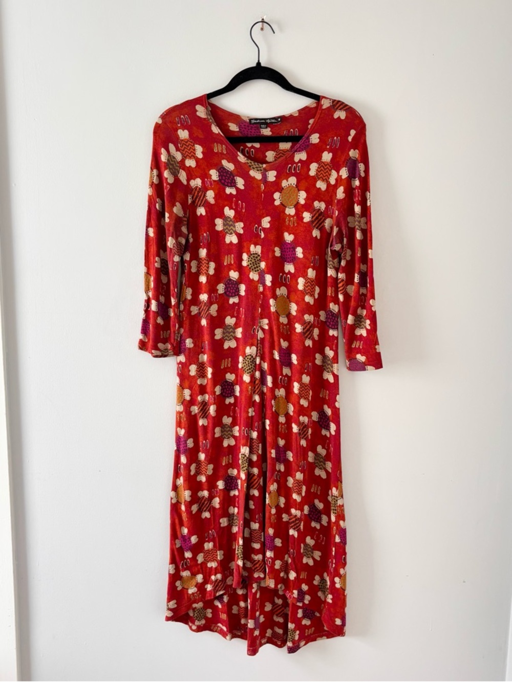 Gudrun Sjoden Printed Mid Dress 3/4 Sleeve Jersey Knit Lightweight Red